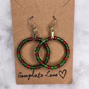 Red and Green Beaded Circle Dangle Holiday Christmas Earrings